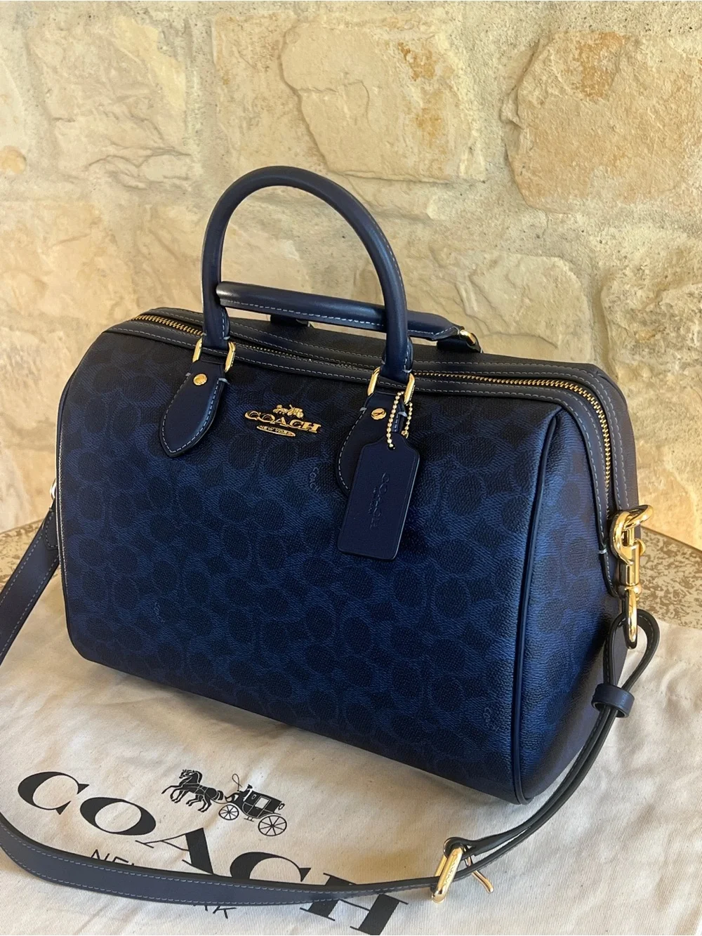 Coach Navy Signature Duffel Bag with Gold Hardware